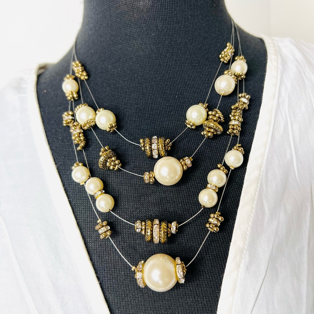 Chico’s Multi Strand Faux Pearl Necklace Gold Tone Vintage Style
